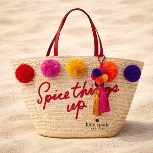 Kate Spade Lewis Way Woven Tote "Spice Things Up" Pom Pom Bag New